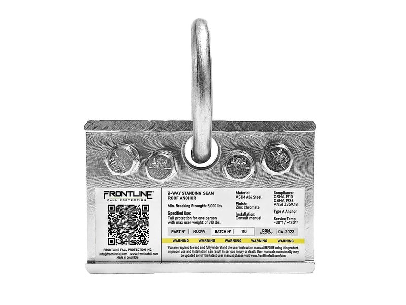 FRONTLINE FALL PROTECTION Frontline RO2W 2-Way Standing Seam Roof Anchor Clamp | Rugged, Reusable & Compact | OSHA & ANSI Compliant Steel anchor | Strength Rating: 5,000 lbs | Bolts and washers included - Image 2